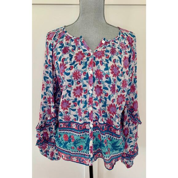 Alicia Bell Floral Tunic in Multicolor Large Pullover Ruffle Sleeve Button Front - Picture 1 of 5